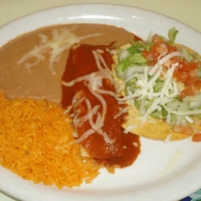 H. One Guacamole Tostada and 1 Beef Enchilada Combo Plate.