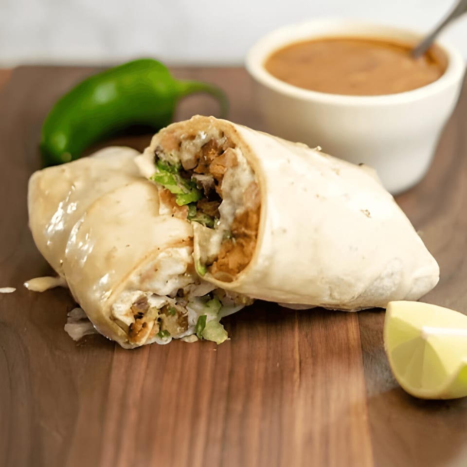 Two El Paso Tacos & Tequila burritos, one cut open, with a side of sauce, jalapeño, and lime.