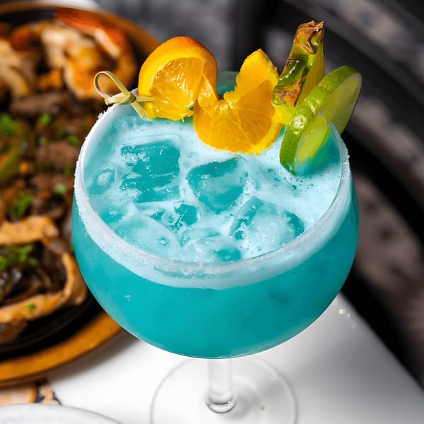Blue margarita with ice, garnished with orange, lime, and pineapple slices, next to a blurred dish.